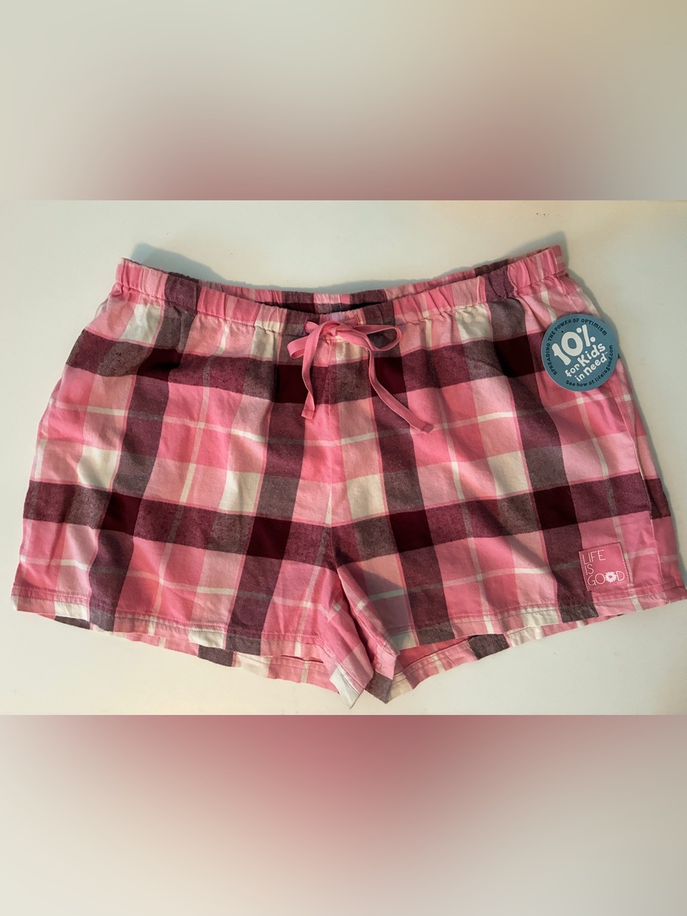 NWT Life Is Good Pink Plaid Pajama Sleep Shorts Size LARGE 100% Cotton